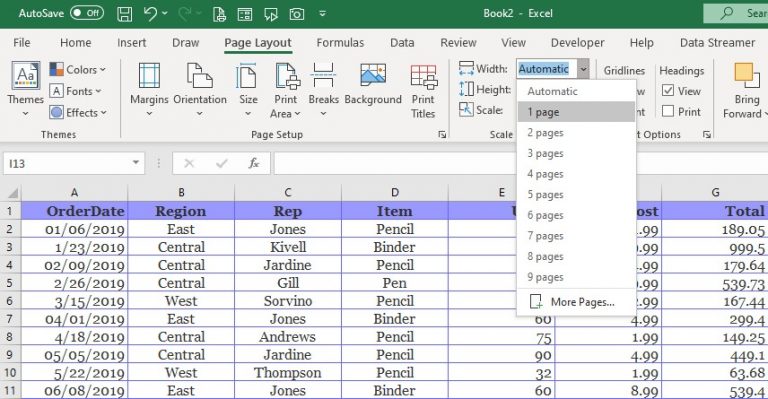 Excel page setup