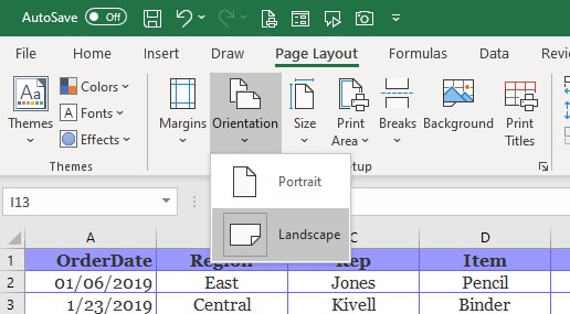 Excel page orientation settings