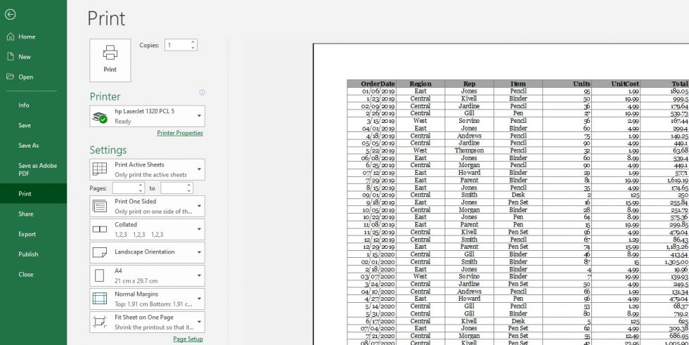 Excel print preview screen